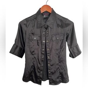 Vintage Y2K Plastic Black Satin-like Button-Up Shirt size small